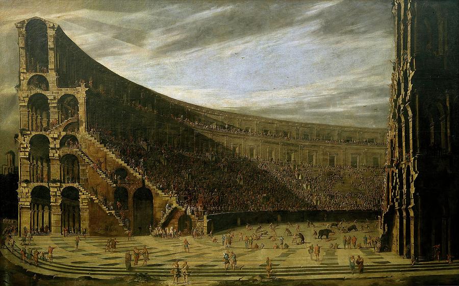 Viviano Codazzi, Domenico Gargiulo Perspective of a Roman Amphitheatre, ca. 1638, Italian School. Painting by Domenico Gargiulo -1609-c 1675- Viviano Codazzi -c 1604-1670-
