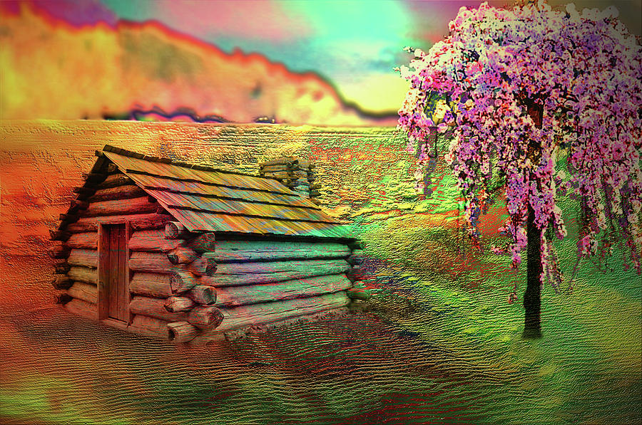 Vivid Log Cabin By The Cherry Tree Digital Art