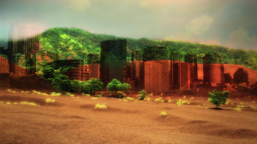 Volcanic City - Contrast Of Urbanization Vs Nature Digital Art