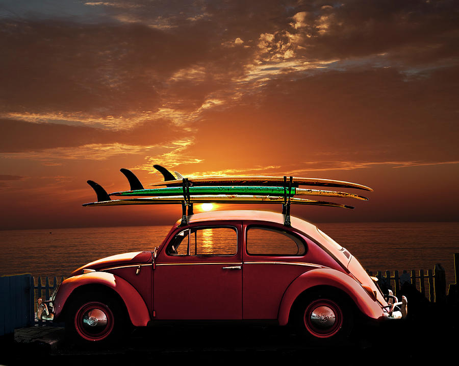 Volkswagen Beetle With Surfboards At Sunset Photograph by Larry Butterworth