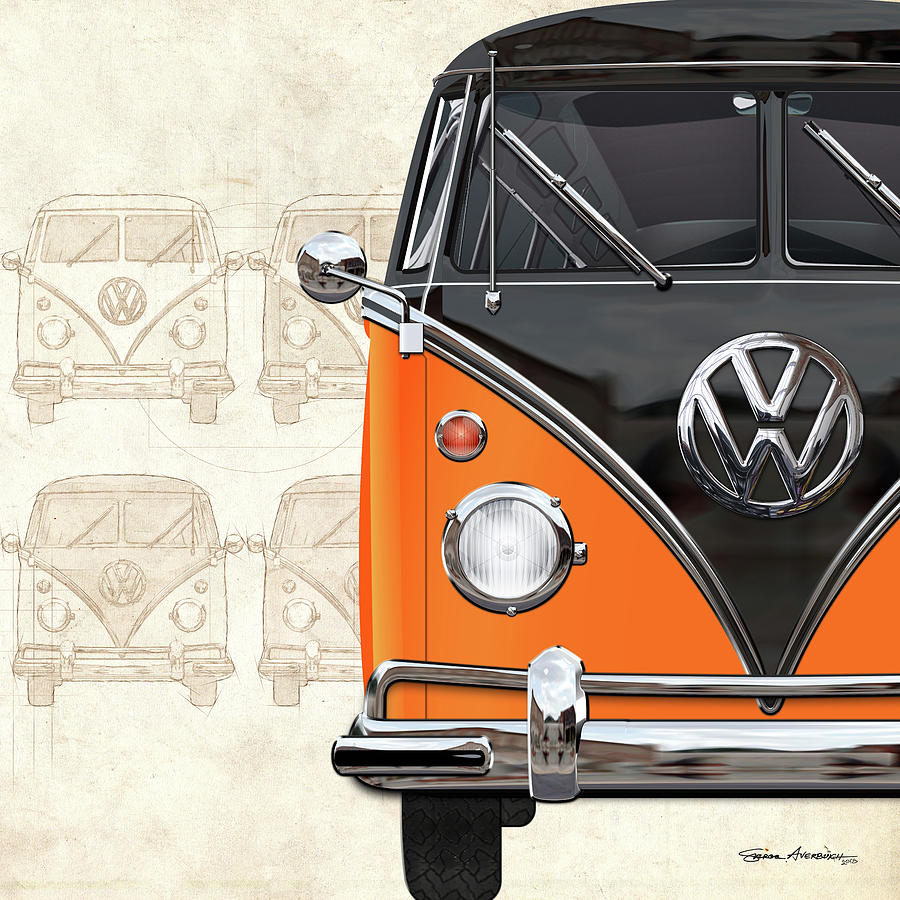 Volkswagen Type 2 - Black and Orange Volkswagen T1 Samba Bus over Vintage Sketch  Digital Art by Serge Averbukh