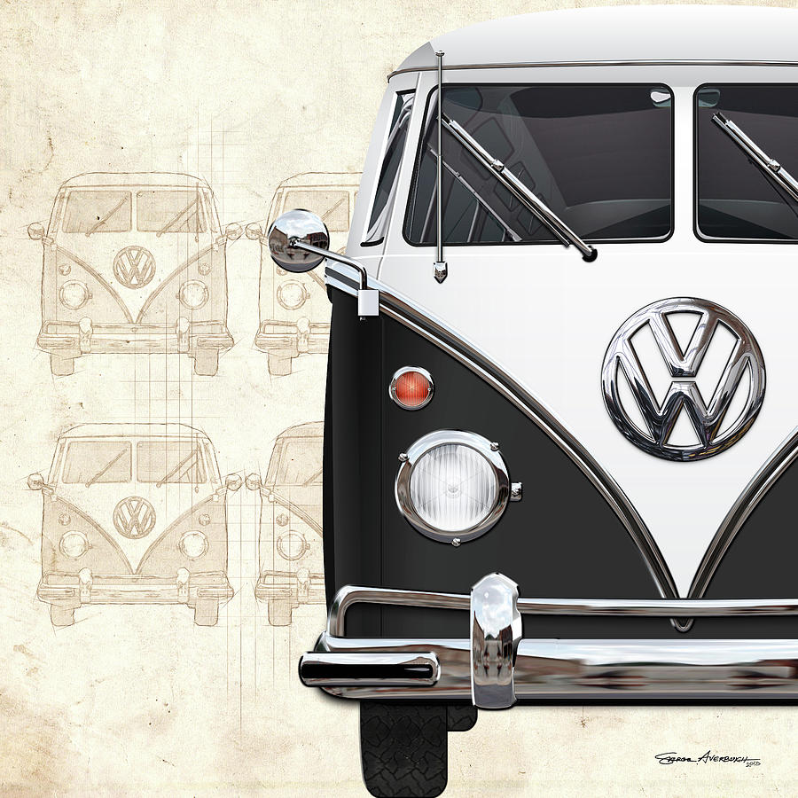 Car Digital Art - Volkswagen Type 2 - Black and White Volkswagen T1 Samba Bus over Vintage Sketch  by Serge Averbukh