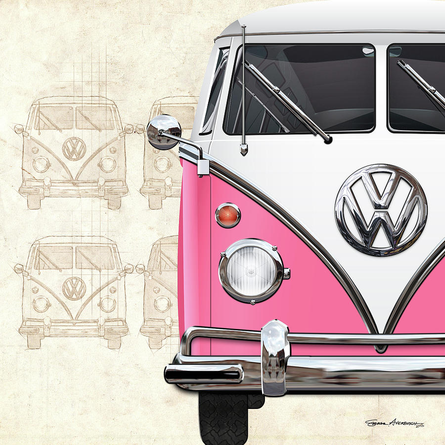 Volkswagen Type 2 - Pink and White Volkswagen T1 Samba Bus over Vintage Sketch  Digital Art by Serge Averbukh
