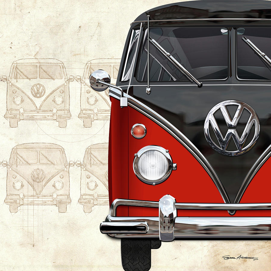 Volkswagen Type 2 - Red and Black Volkswagen T1 Samba Bus over Vintage Sketch  Digital Art by Serge Averbukh
