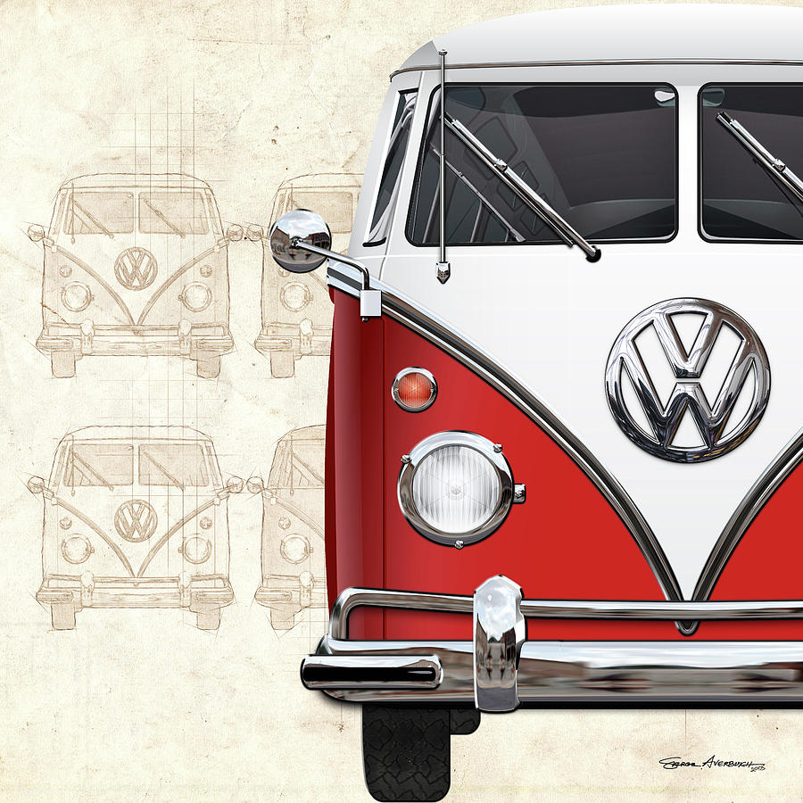 Volkswagen Type 2 - Red and White Volkswagen T1 Samba Bus over Vintage Sketch  Digital Art by Serge Averbukh