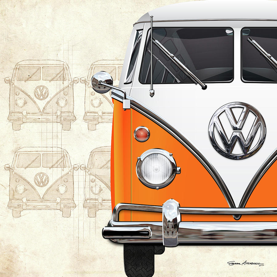 Car Digital Art - Volkswagen Type - Orange and White Volkswagen T1 Samba Bus over Vintage Sketch  by Serge Averbukh