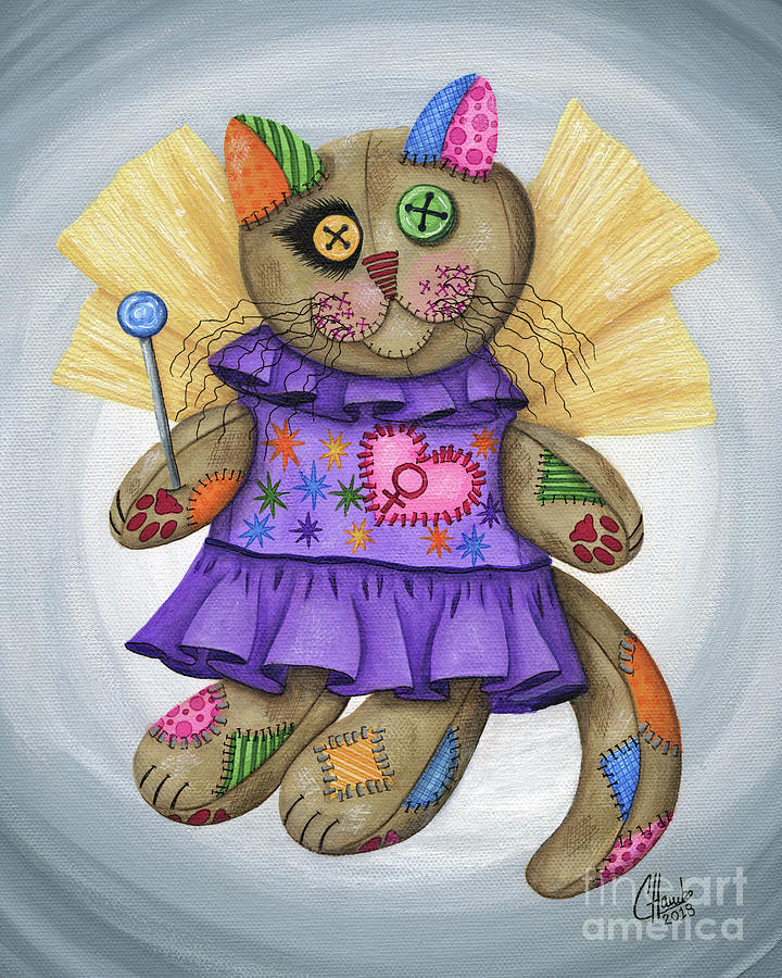Voodoo Empress Fairy Cat Doll - Patchwork Cat Painting by Carrie Hawks