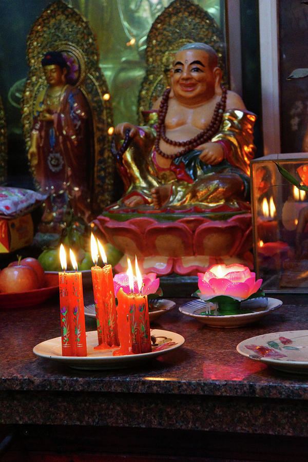 Votive candles and incense, with Buddha Photograph by Steve Estvanik