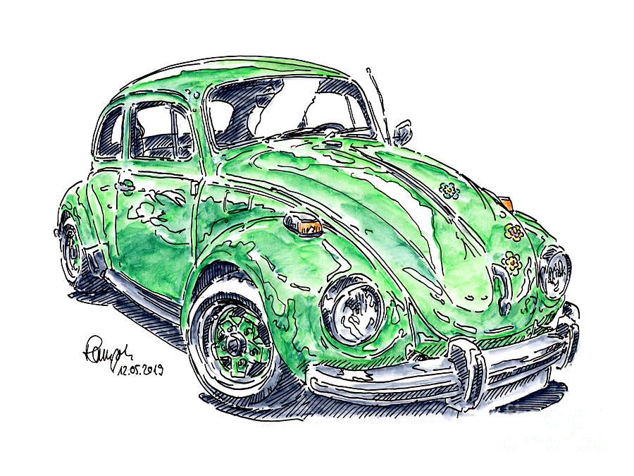 VW Beetle 1302 LS 1971 Classic Car Ink Drawing and Watercolor Drawing