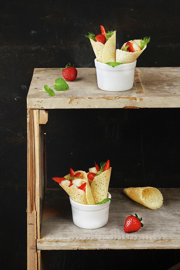 Wafer Cones Filled With Strawberries And Mint Photograph by Zita Csig