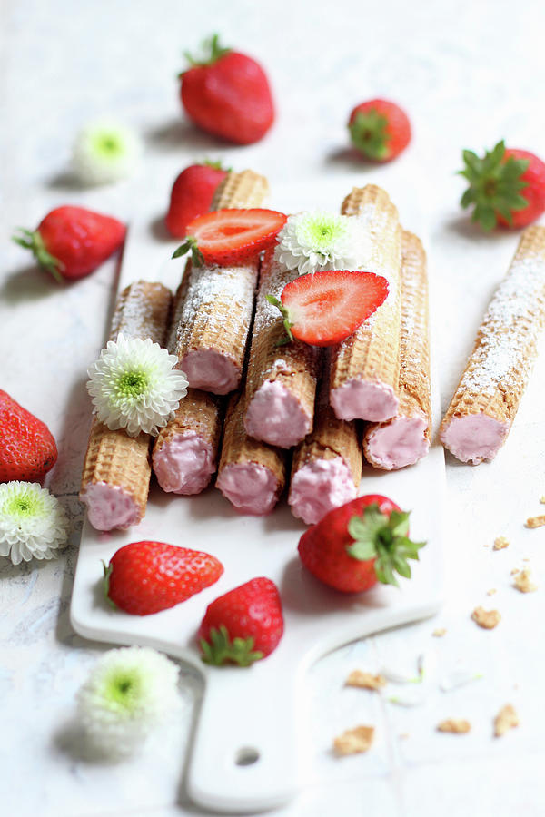 Wafer Rolls Filled With Strawberry Cream Photograph by Sylvia E.k Photography