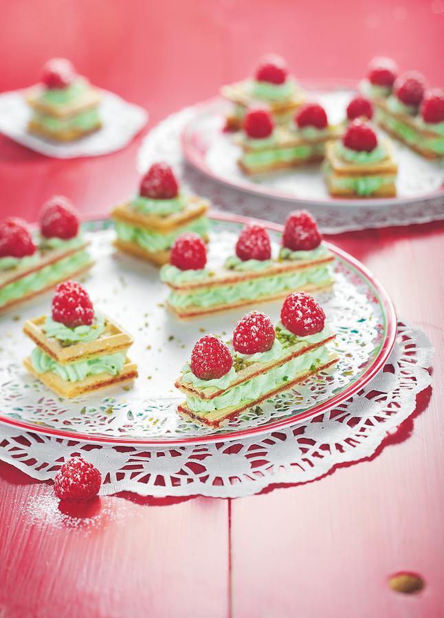 Wafer,pistachio Mousse And Raspberry Mille-feuilles Photograph by Scuiz In