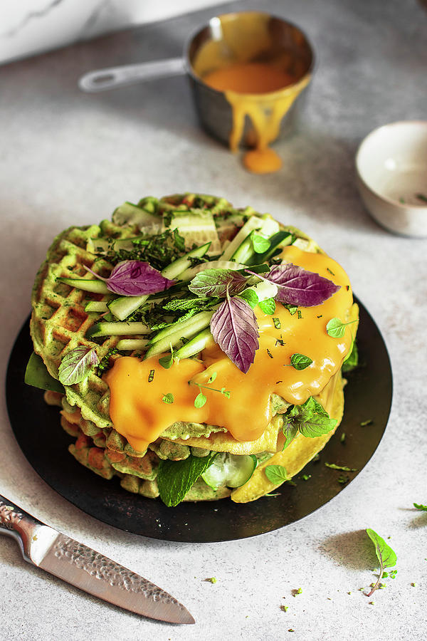 Waffle Cake With Cheese And Veggies Photograph by Maria Squires