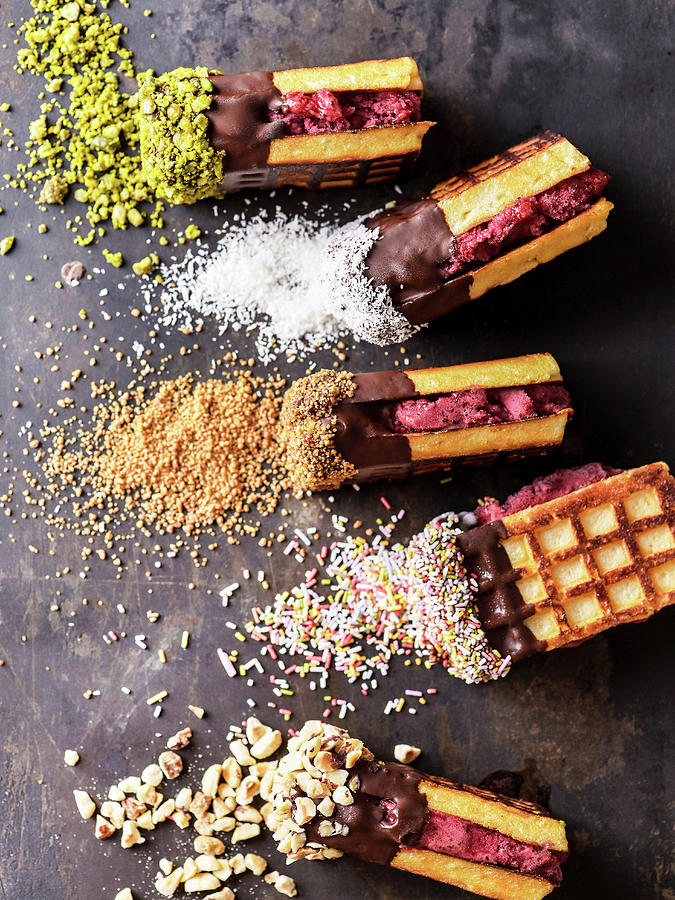 Waffle Ice Cream Sandwiches With Raspberry Sorbet And Various Toppings Photograph by Sylvia Meyborg