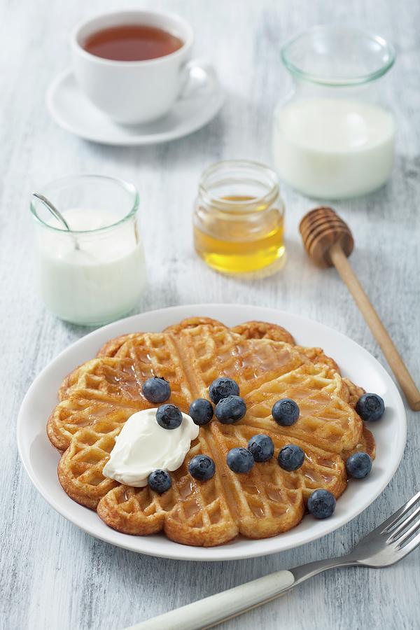 Waffle With Blueberries, Yogurt And Honey Photograph by Miltsova, Olga