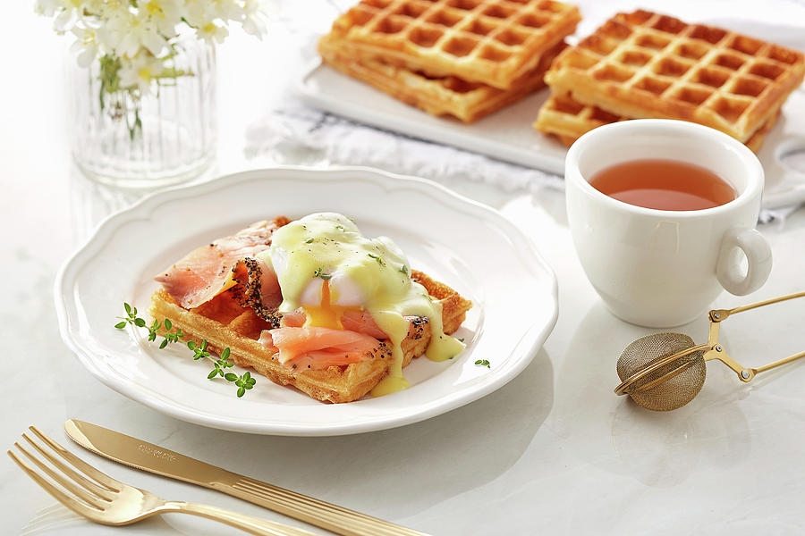 Waffle With Smoked Salmon And Opened Poached Egg Photograph by Tan Yong Khin