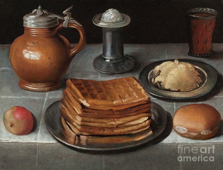 Waffles And Butter On Pewter Plates With An Apple, Roll, Jug, Standing Salt, And A Beer Glass With Prunts On A Cloth-covered Table Painting by German School