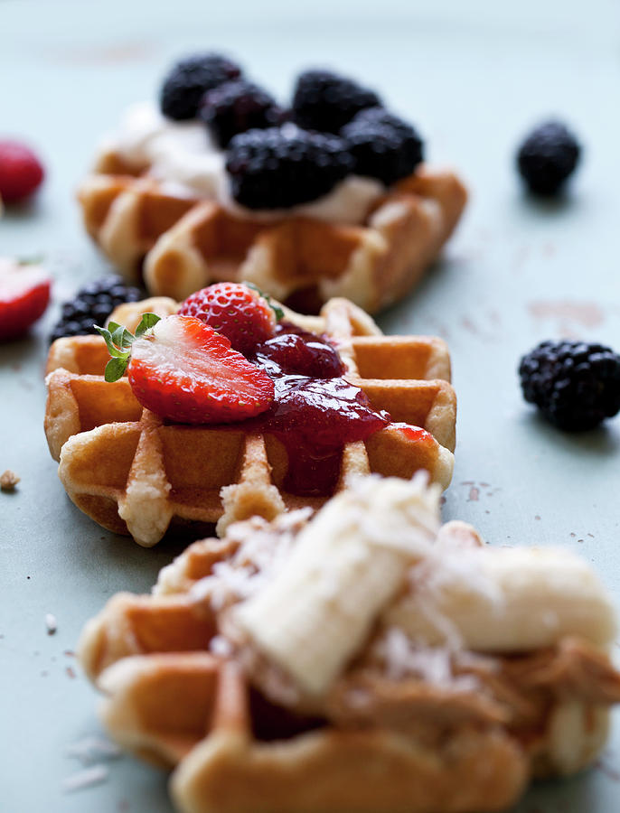 Waffles Topped With Strawberry Jam And Strawberries Photograph by Ryla Campbell