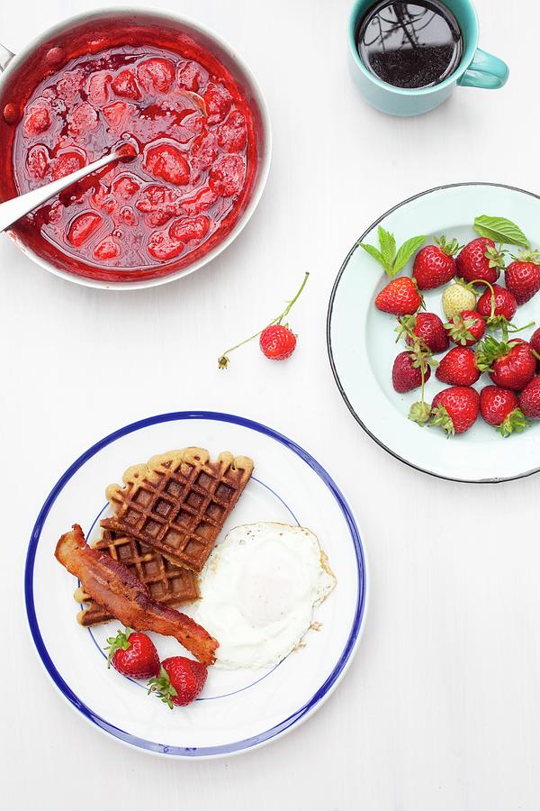 Waffles With Bacon, Strawberries And A Fried Egg usa Photograph by Rika Manabe Photography