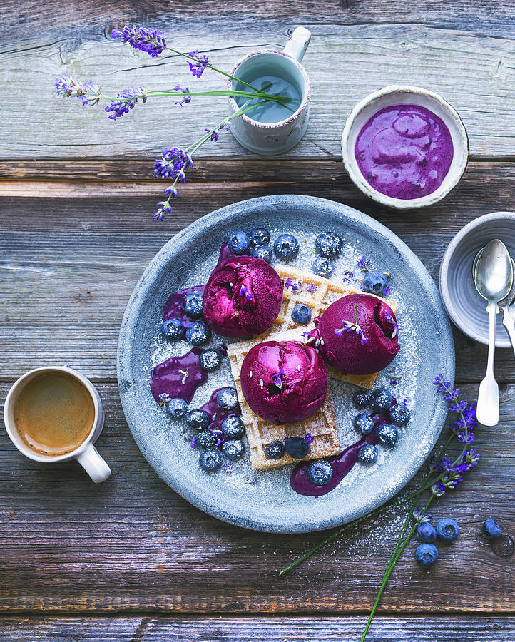 Waffles With Blueberry Sorbet And Lavender Flowers Photograph by Ira Leoni