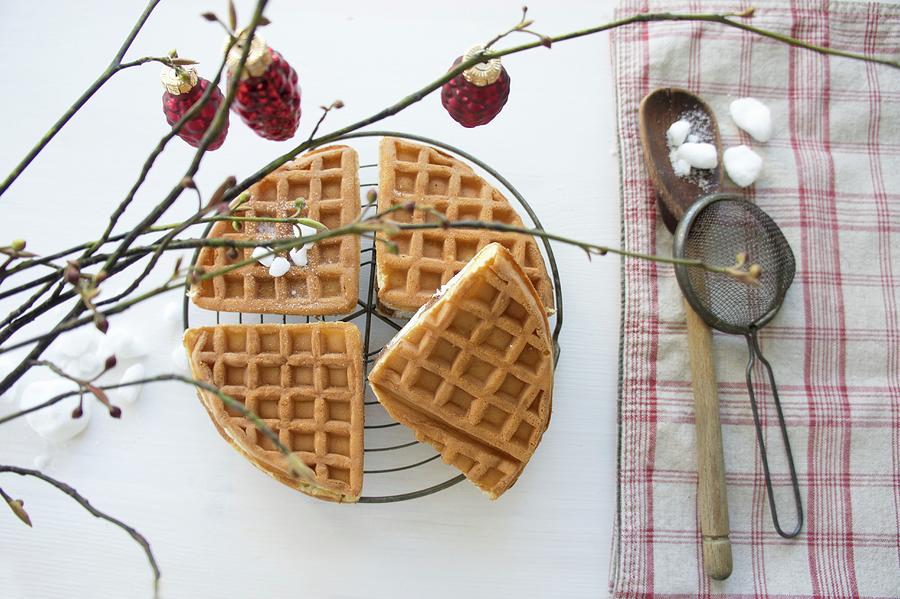 Waffles With Butter And Honey Under A Christmas Sprig Photograph by Martina Schindler