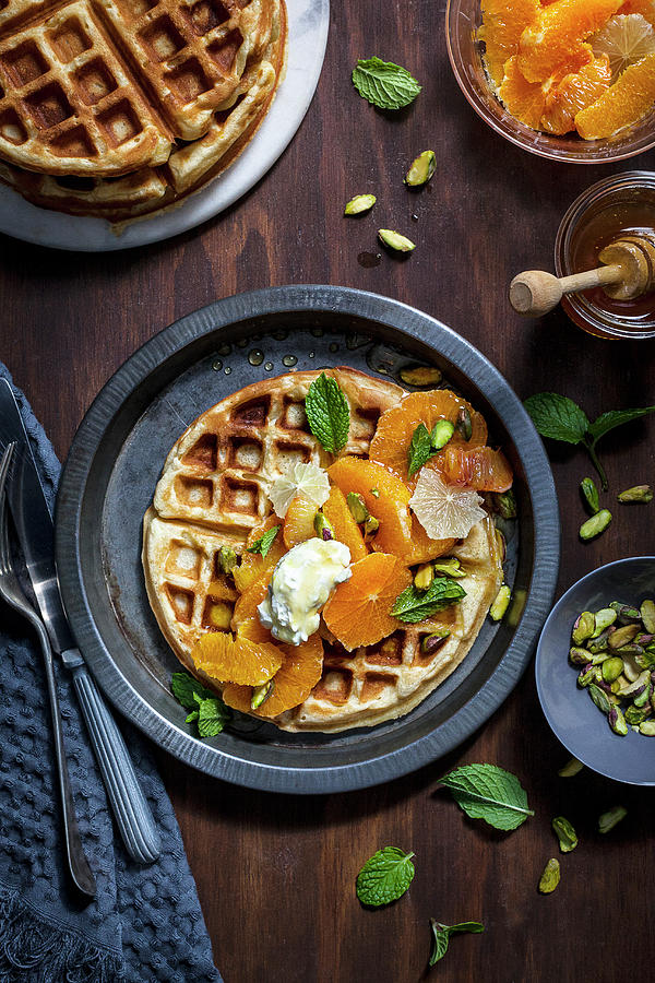 Waffles With Citrus, Honey Labne And Pistachios Photograph by The Food Union