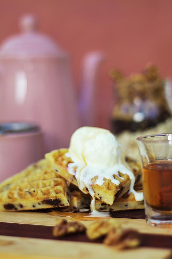 Waffles With Coconut And Vanilla Ice Cream And Agave Syrup Photograph by Elle Brooks
