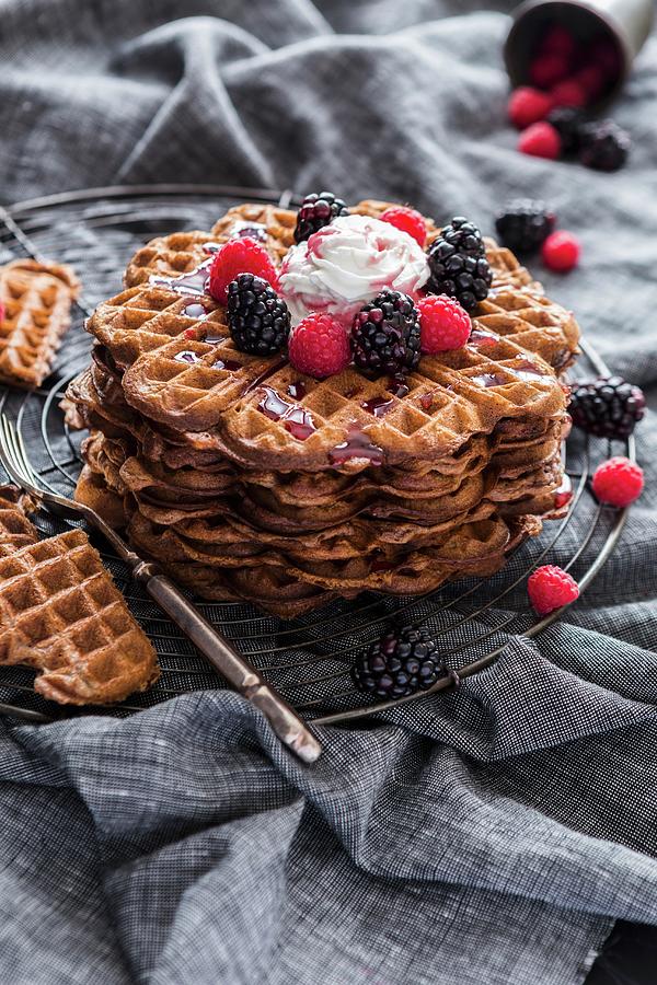 Waffles With Cream And Berries Photograph by Aniko Takacs