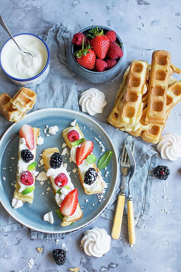 Waffles With Cream, Raspberries, Strawberries, Blackberries And Mint Photograph by Olimpia Davies