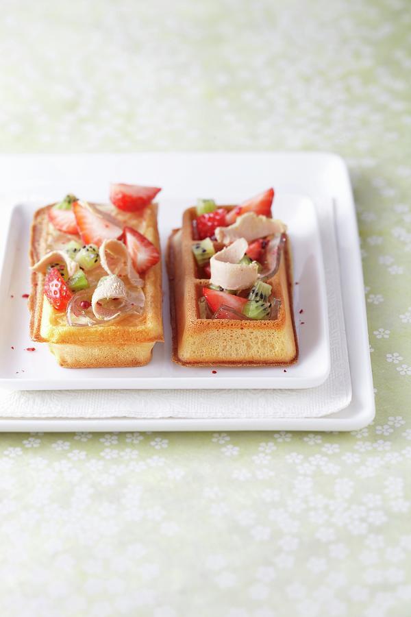 Waffles With Foie Gras, Strawberries And Kiwi Photograph by Atelier Mai 98