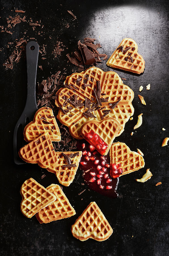 Waffles With Grated Chocolate And Pomegranate Seeds seen From Above Photograph by Sven C. Raben