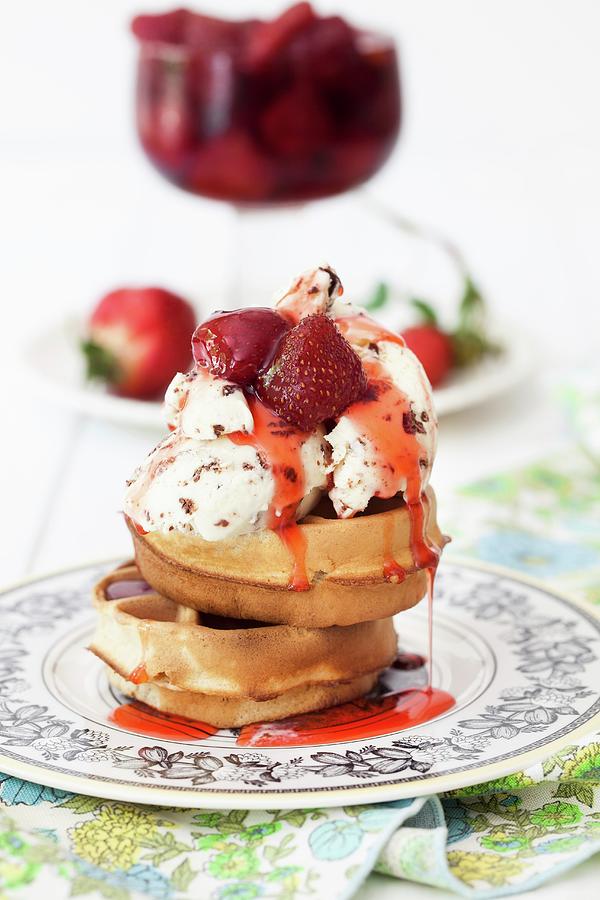 Waffles With Ice Cream And Strawberries In Syrup With Cardamom And Rose Water Photograph by Yelena Strokin