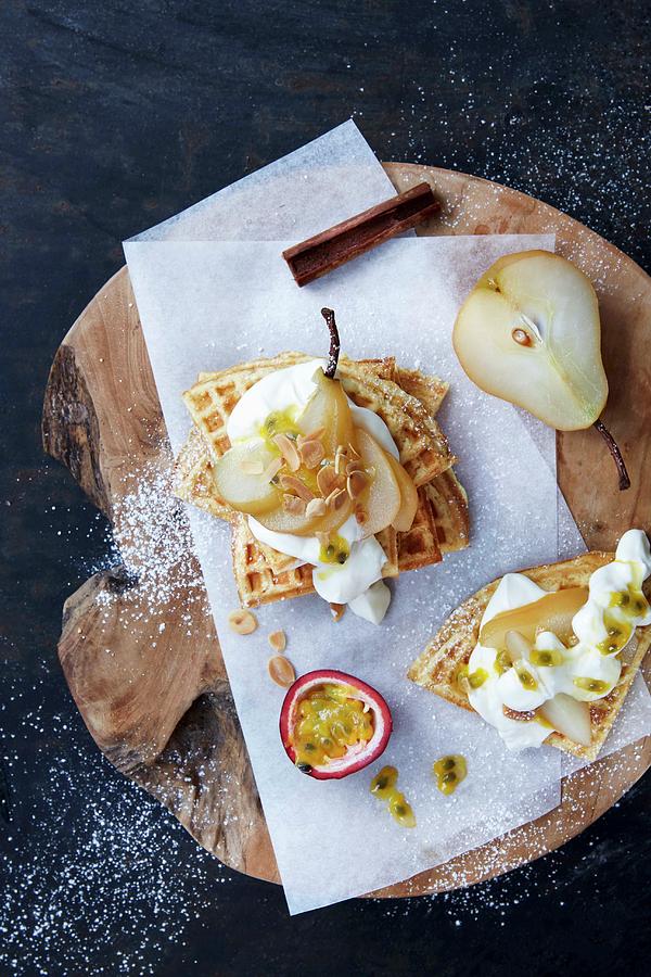 Waffles With Poached Pears, Yoghurt And Passion Fruit Photograph by Great Stock!