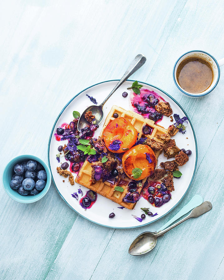 Waffles With Roasted Apricots And Berry Sauce Photograph by Ira Leoni
