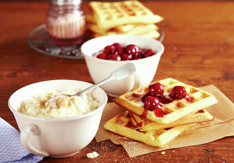 Waffles With Sour Cherry Compote And Rice Pudding Photograph by Teubner Foodfoto