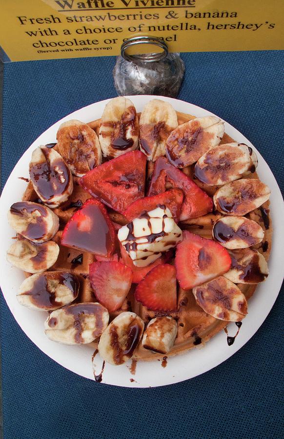 Waffles With Strawberries, Bananas And Chocolate Sauce mexican Street Food In Los Angeles, Usa Photograph by William Boch