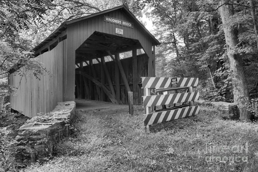 Wagoner Covered Bridge Lush Landscape Black And White Photograph by Adam Jewell