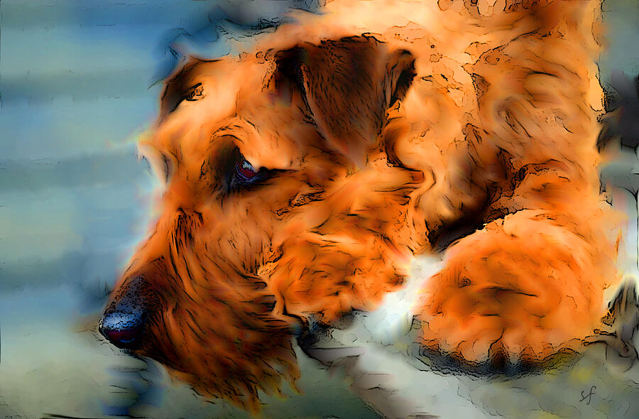 Waiting for the Master, Red Dog Portrait Mixed Media by Shelli Fitzpatrick