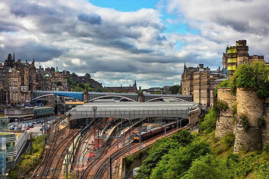 Waiting for the Train Downtown Edinburgh overlooking the Train  Photograph by Debra and Dave Vanderlaan