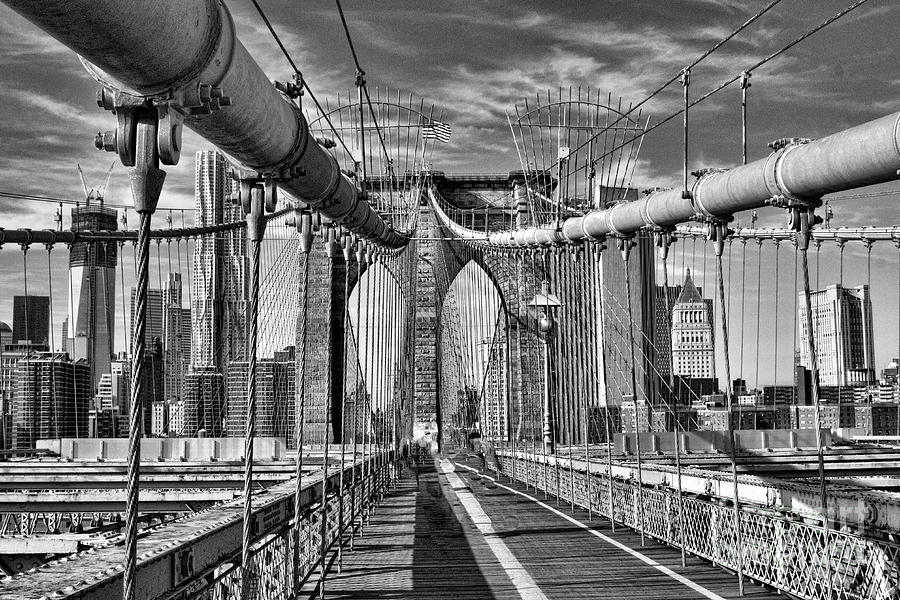 Architecture Photograph - Walk along Brooklyn Bridge BW NYC  by Chuck Kuhn