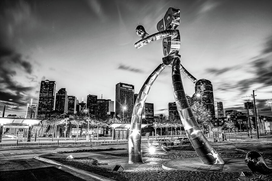 Dallas Skyline Photograph - Walking Tall Traveling Man and Dallas Skyline in Black and White by Gregory Ballos