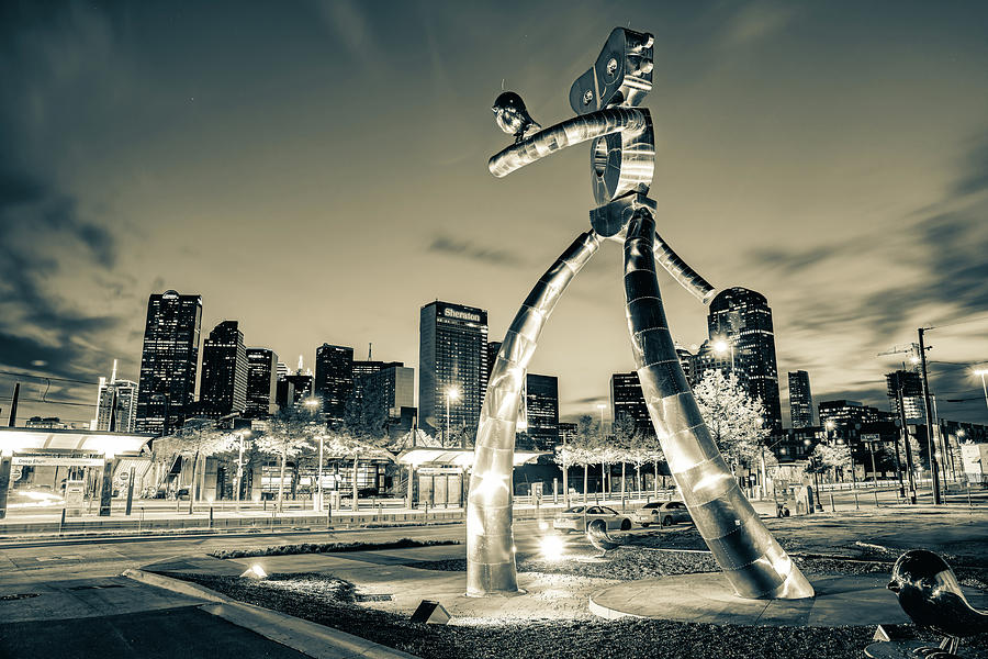 Dallas Skyline Photograph - Walking Tall Traveling Man and Dallas Skyline in Sepia by Gregory Ballos