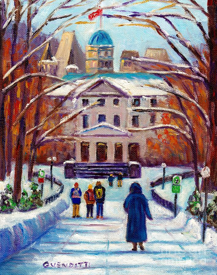 Walking To Hall Building Mcgill University Campus Montreal Street Scene Winter Painting G Venditti Painting by Grace Venditti