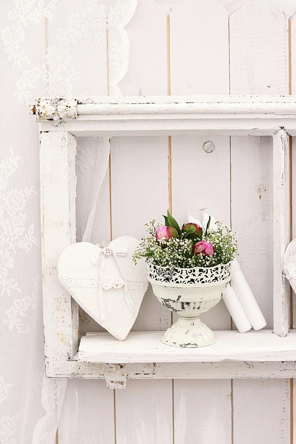 Wall Decoration With Love-heart & Arrangement Of Roses And Gypsophila Photograph by Alexandra Panella