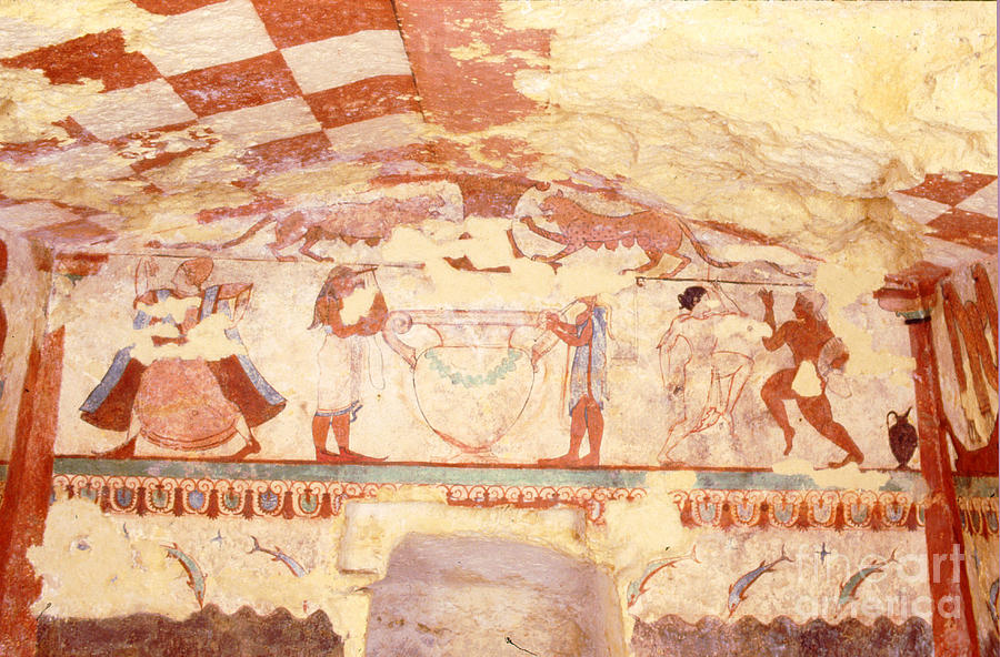 Musician Painting - Wall Depicting Musicians, Dancers And Dolphins, From The Tomb Of The Lionesses In The Necropolis, C.520 Bc by Etruscan