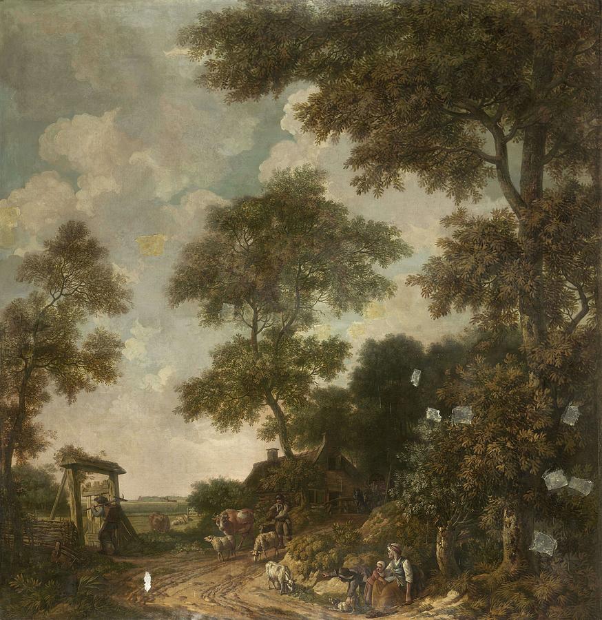 Wallpaper painting of a Dutch landscape with a sand road. Painting by Jurriaan Andriessen -attributed to-