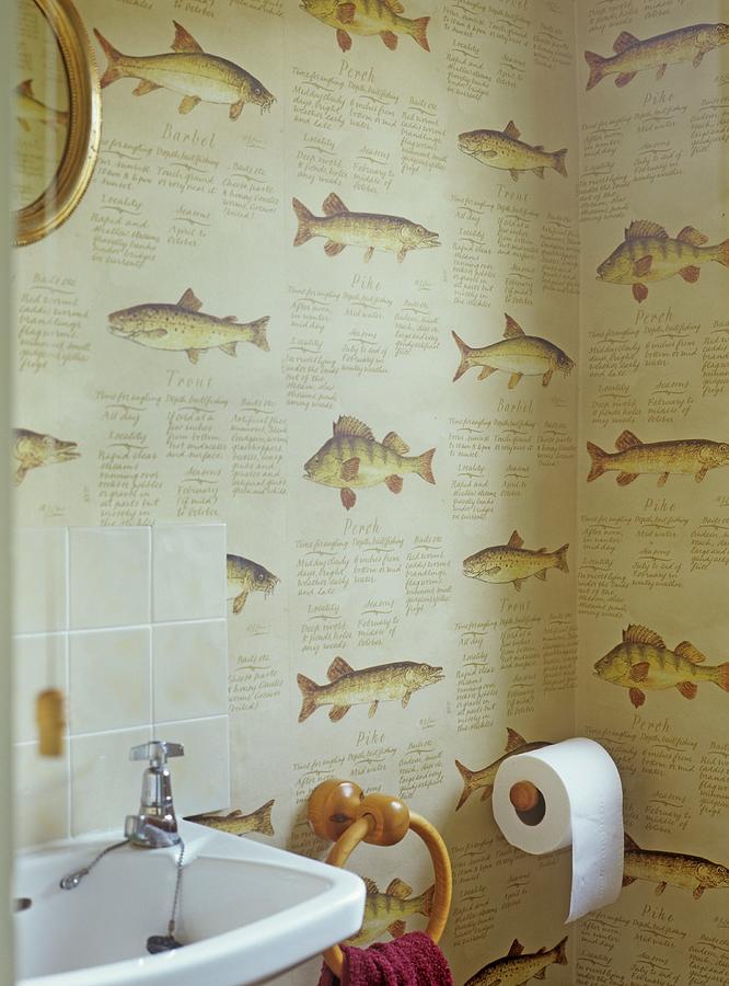 Wallpaper With Fish Motif In Corner Of Bathroom Photograph by Winfried Heinze