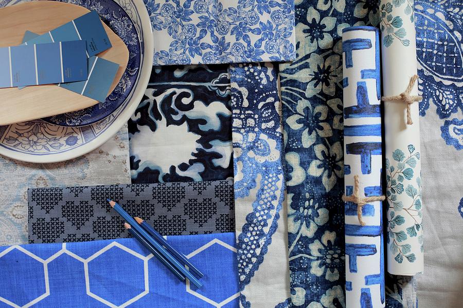 Wallpapers And Fabrics In Blue And White Patterns And Paint Sample Strips Photograph by Great Stock!