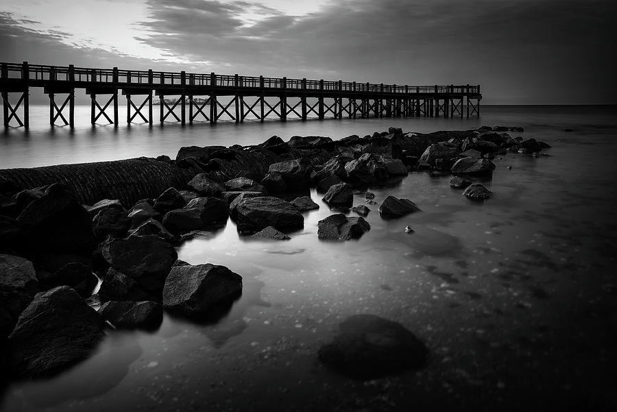Walnut Beach Pier and Pipe No. 1 in Black and White Photograph by Simmie Reagor