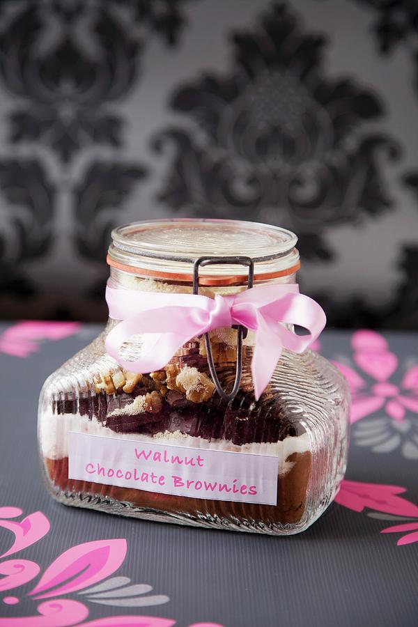 Walnut Chocolate Brownie Mix In A Jar With A Pink Ribbon Photograph by Joy Skipper Foodstyling